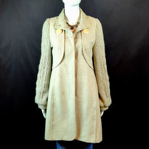 Plastic Island sz L Lined Wool Coat with Knit Sleeves and Pleated Back